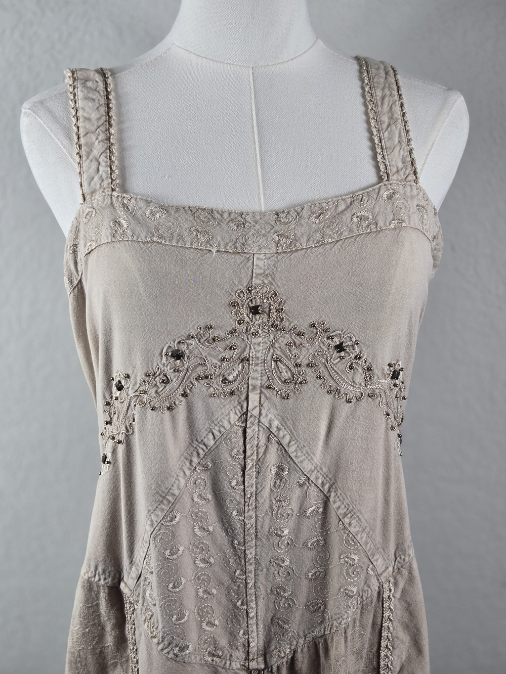Coline XL Boho Goddess Embroidered Midi Dress Stonewashed Festival Chic Earthy - Picture 10 of 16